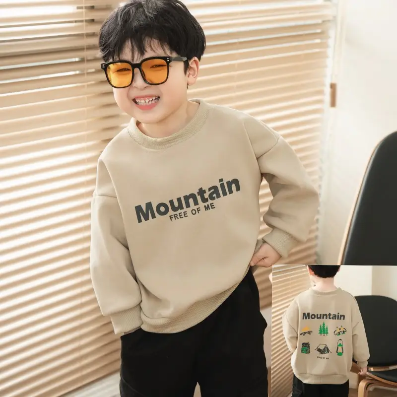 Boys Sweatshirt Mountain Print Long Sleeve Cotton Beige Large - Image 3