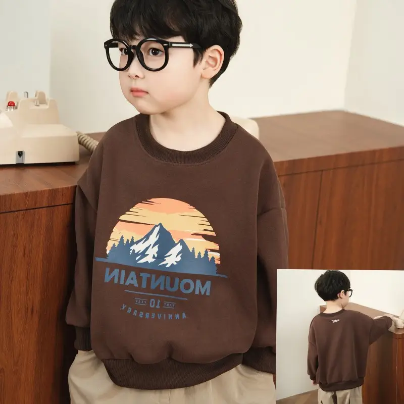 Boys Sweatshirt Mountain Print Long Sleeve Cotton Beige Large - Image 4
