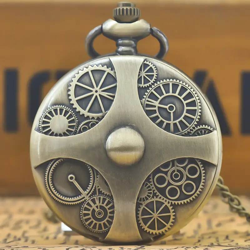Retro Flip Quartz Women's Electronic Necklace Simple Bronze Gear Pocket Watch - Image 2