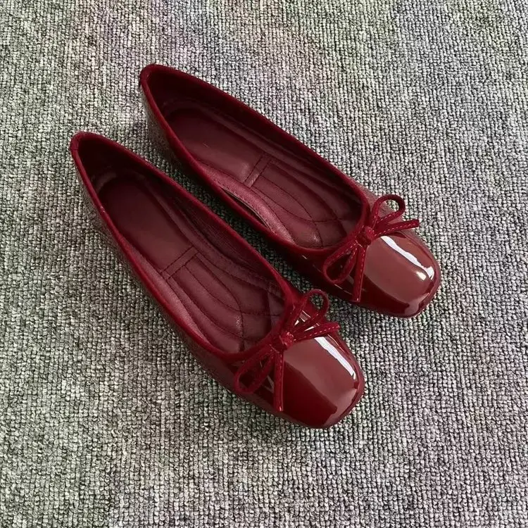 Soft Leather Shallow Mouth Single-layer Shoes 2025 New Soft Bottom Flat Square Toe French Bow Red Women's Shoes Evening Milk Shoes - Image 6