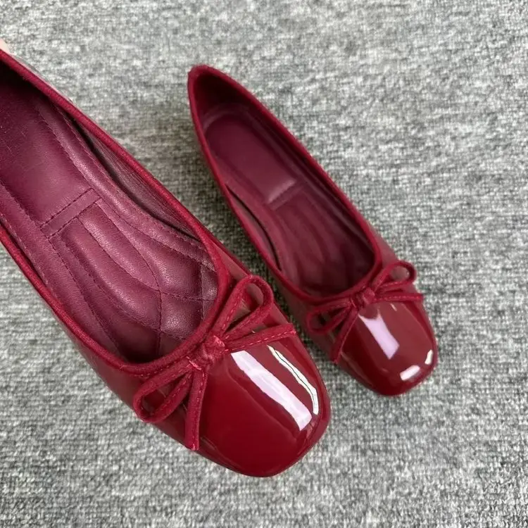 Soft Leather Shallow Mouth Single-layer Shoes 2025 New Soft Bottom Flat Square Toe French Bow Red Women's Shoes Evening Milk Shoes — feature 2