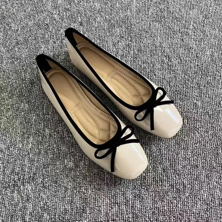 Soft Leather Shallow Mouth Single-layer Shoes 2025 New Soft Bottom Flat Square Toe French Bow Red Women's Shoes Evening Milk Shoes - Image 2