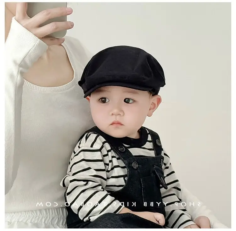 Kids Thin Duck Tongue Beret Hat Beige Black Spring Autumn — feature 1