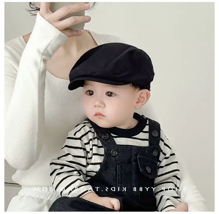 Kids Thin Duck Tongue Beret Hat Beige Black Spring Autumn — feature 2