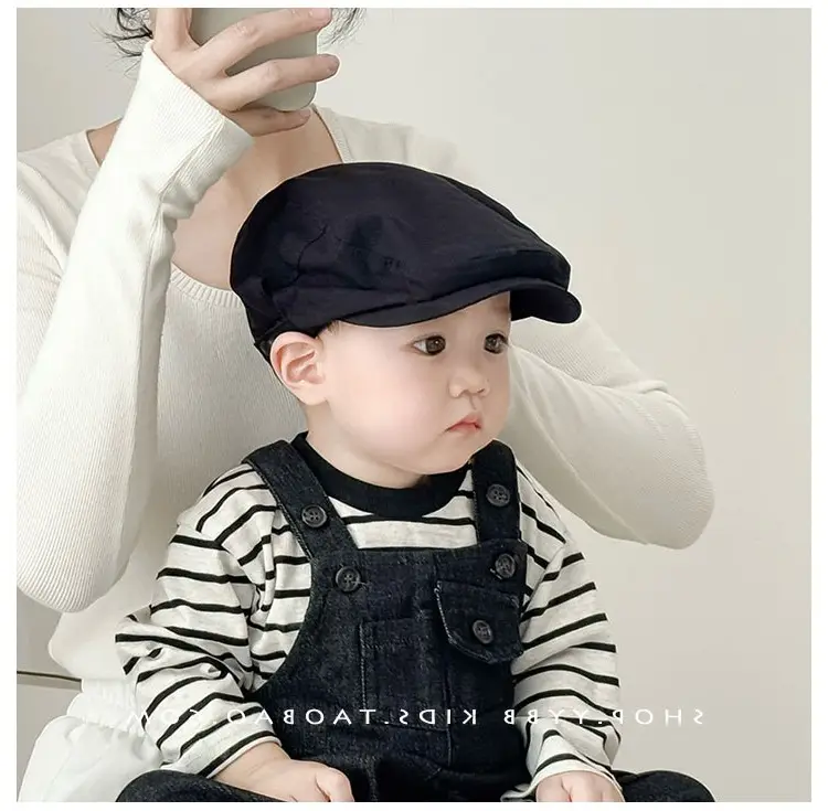 Kids Thin Duck Tongue Beret Hat Beige Black Spring Autumn — feature 3