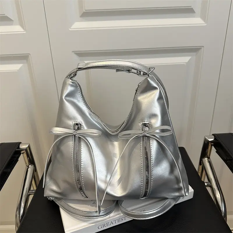 Black PU Bow Shoulder Bag Large Capacity 2025 - Image 5