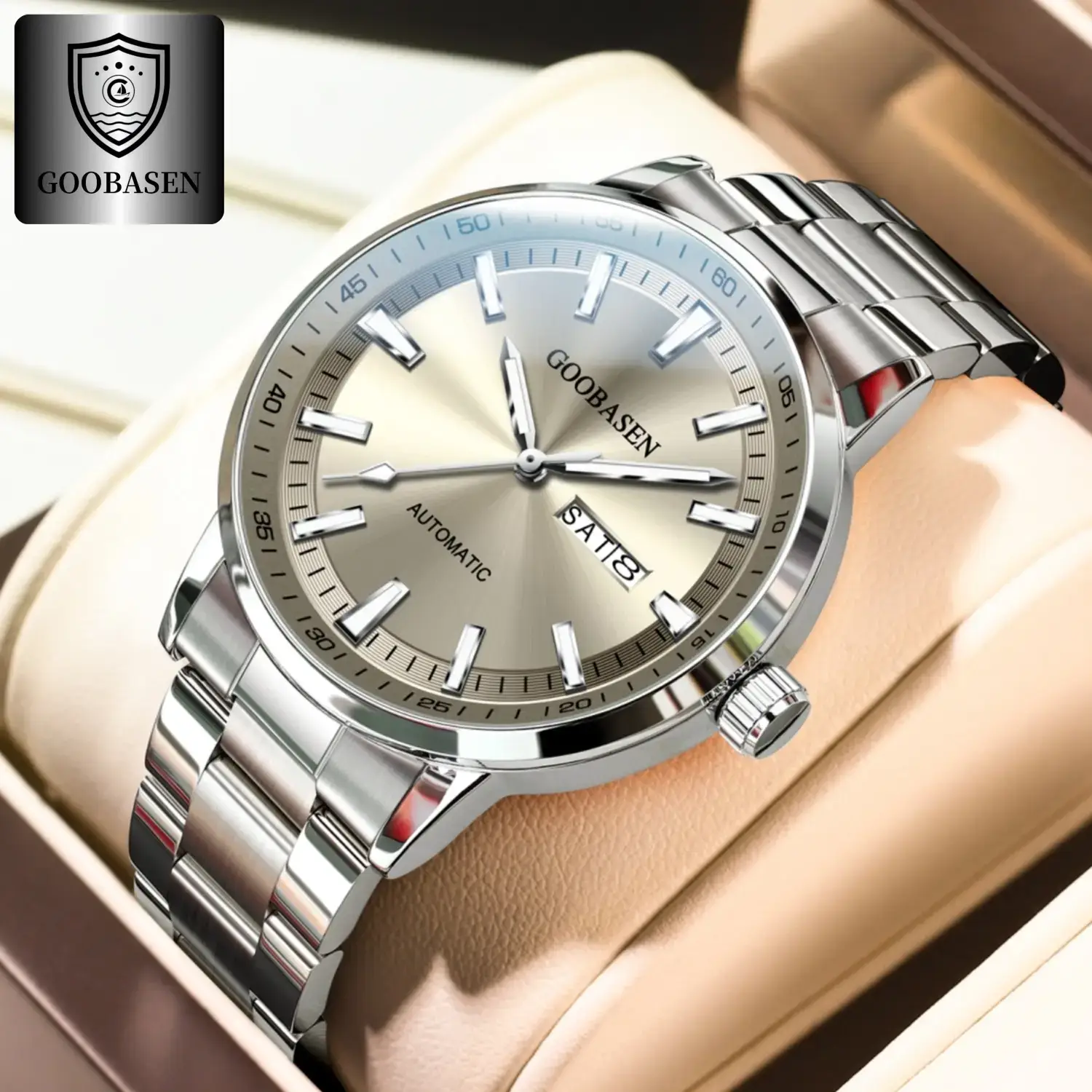 Guberson Men's Quartz Calendar Watch Silver Stainless Steel - Image 4