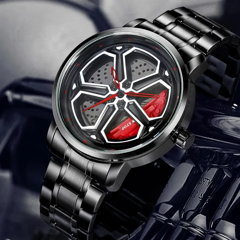 Men's Black Hexagon Quartz Watch with Red Dial - Image 4