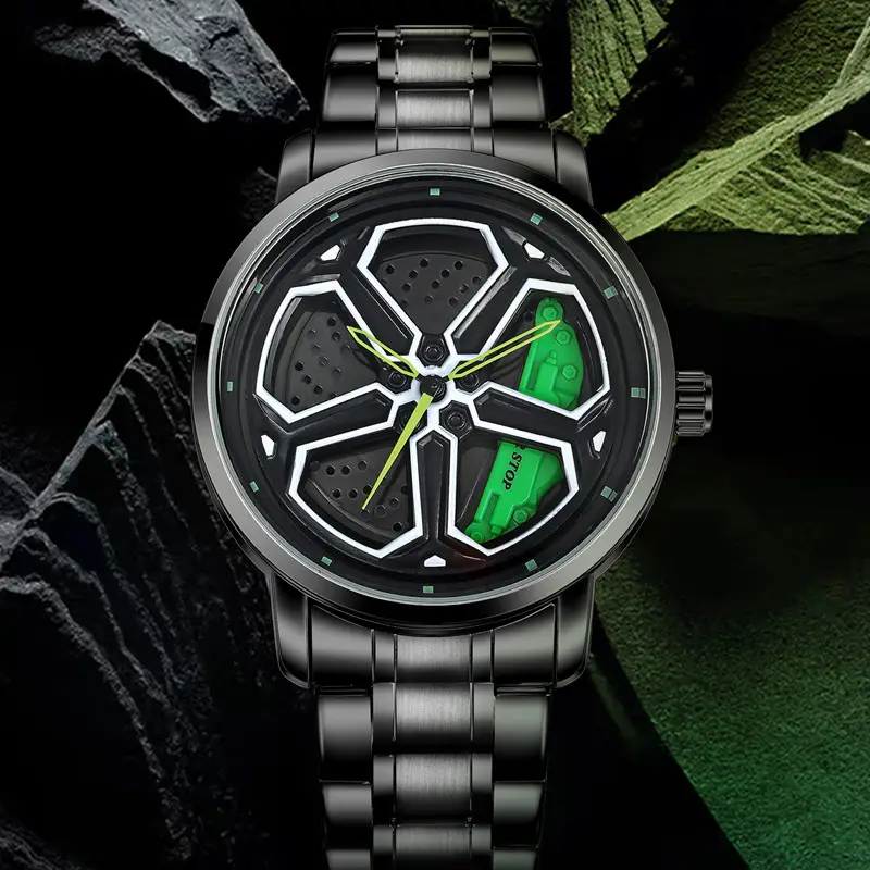 Men's Black Hexagon Quartz Watch with Red Dial - Image 5