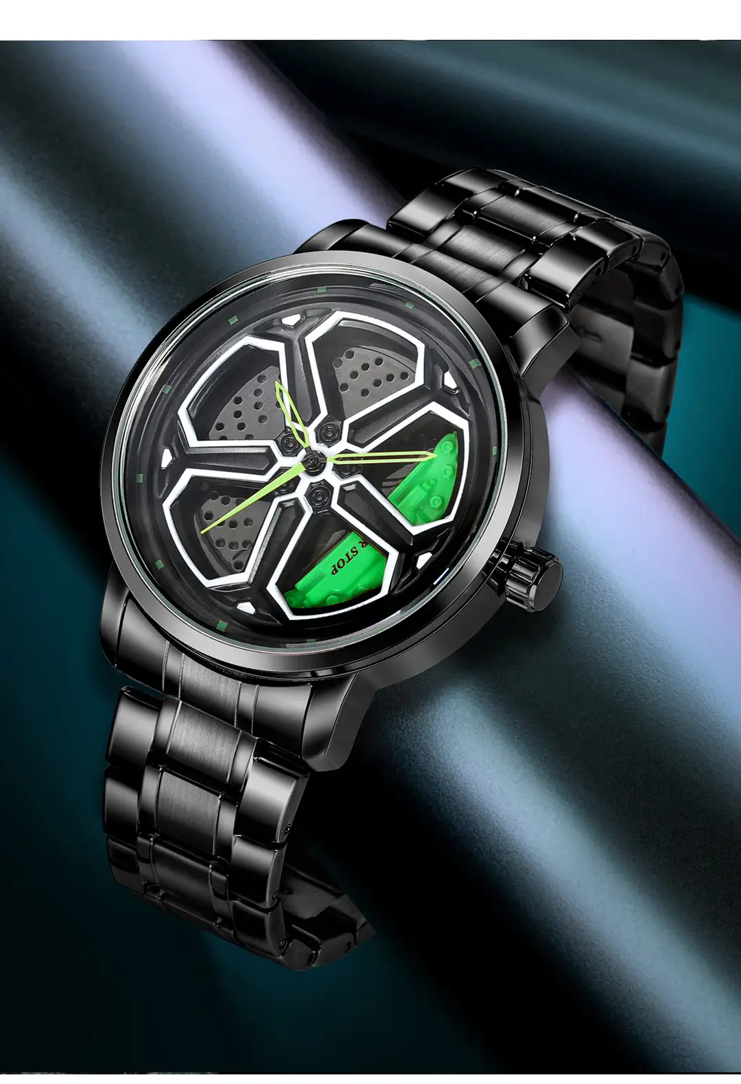 Men's Black Hexagon Quartz Watch with Red Dial — feature 10