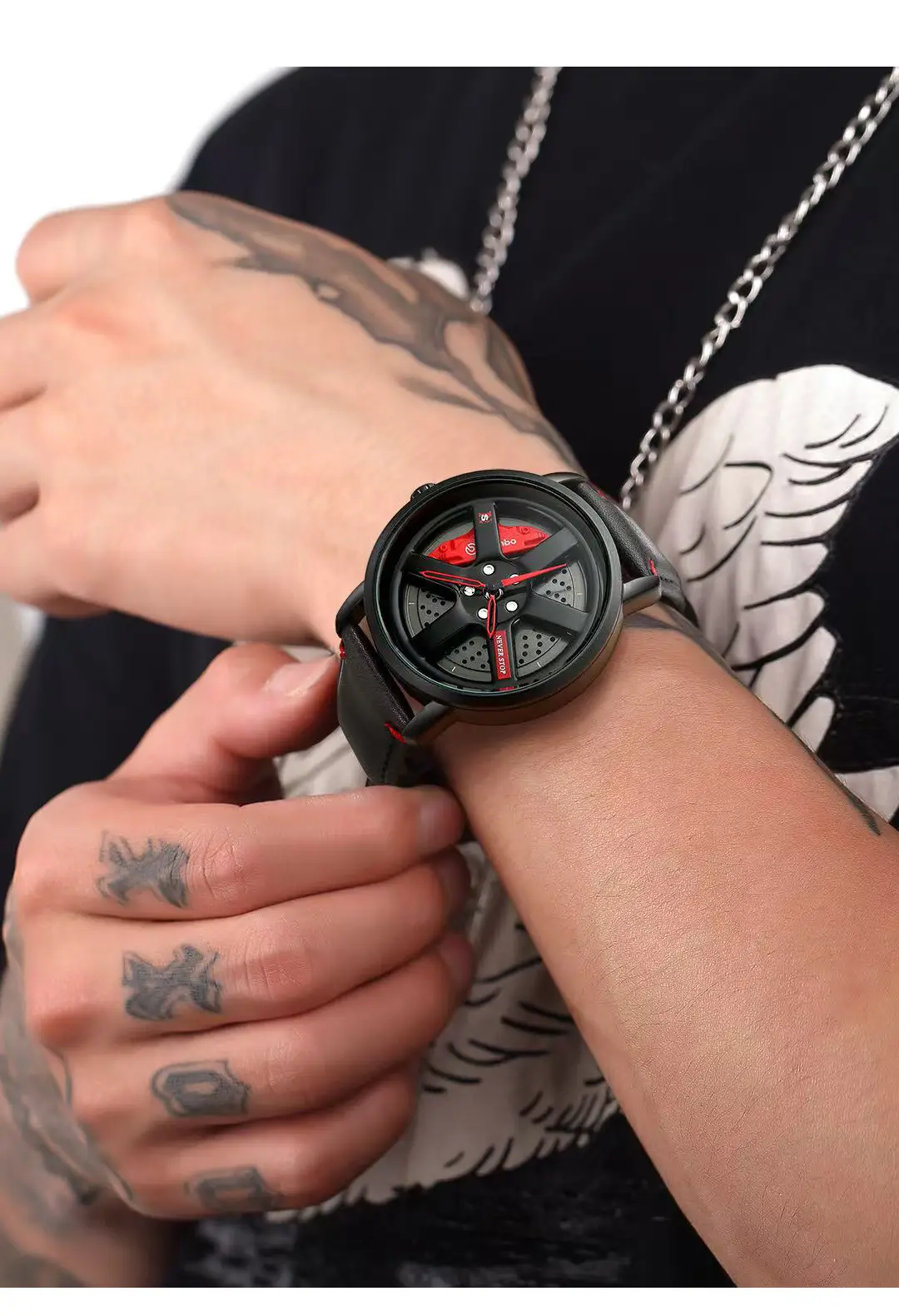 Men's Black Hexagon Quartz Watch with Red Dial — feature 12