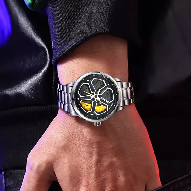 Men's Black Hexagon Quartz Watch with Red Dial — feature 13