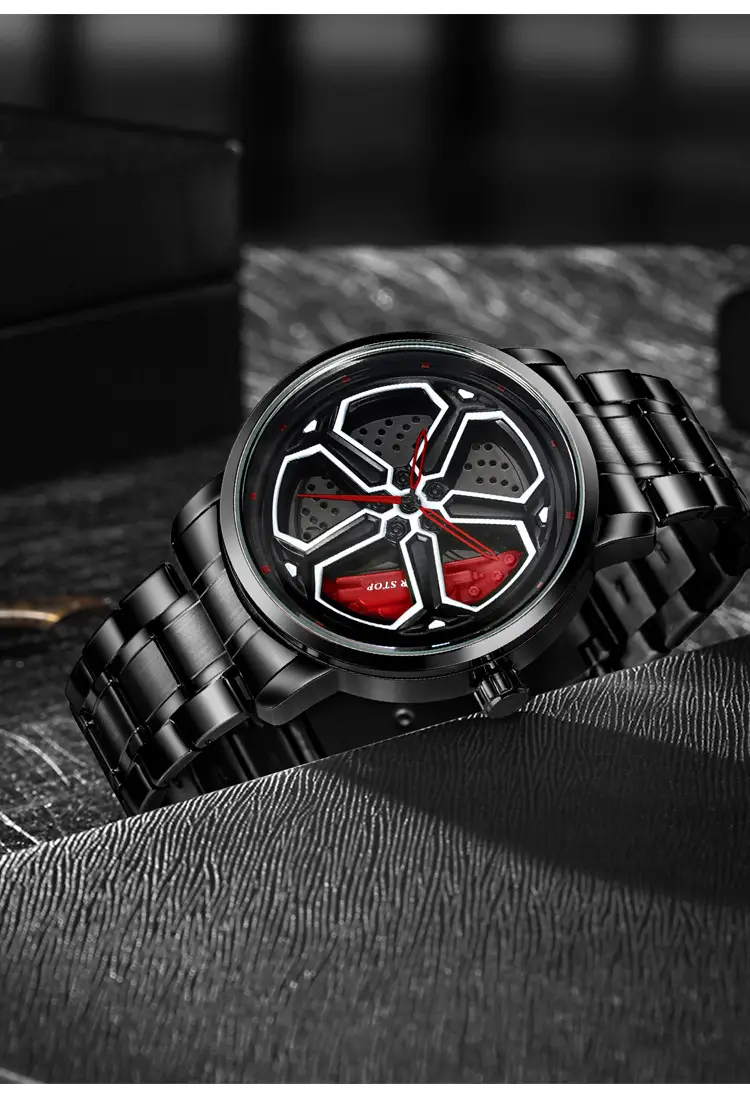 Men's Black Hexagon Quartz Watch with Red Dial — feature 3