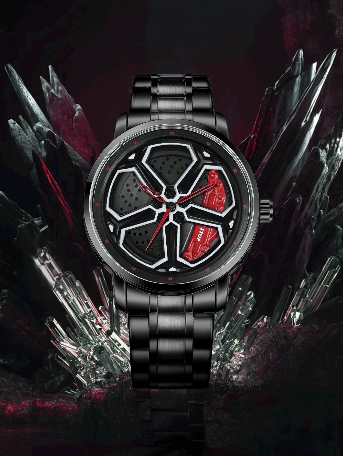 Men's Black Hexagon Quartz Watch with Red Dial — feature 4