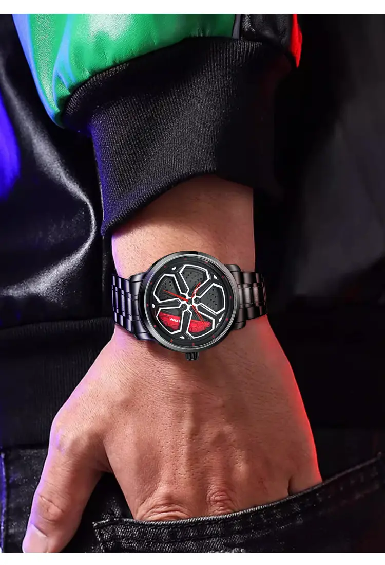 Men's Black Hexagon Quartz Watch with Red Dial — feature 5