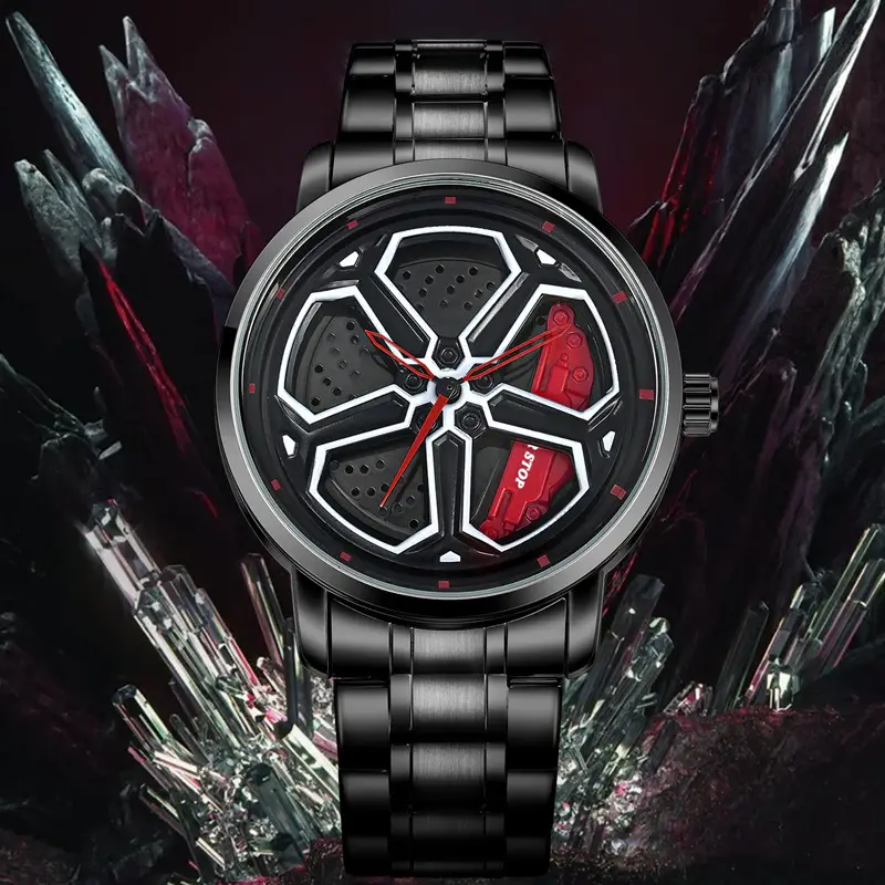 Men's Black Hexagon Quartz Watch with Red Dial - Image 2