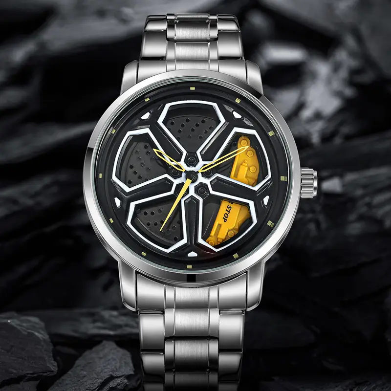 Men's Black Hexagon Quartz Watch with Red Dial - Image 3