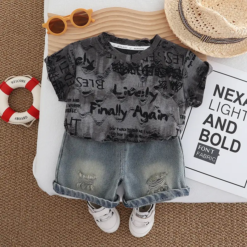 Boys 2025 Summer Rough Crewneck T-Shirt Suit 1-5Y - Image 2