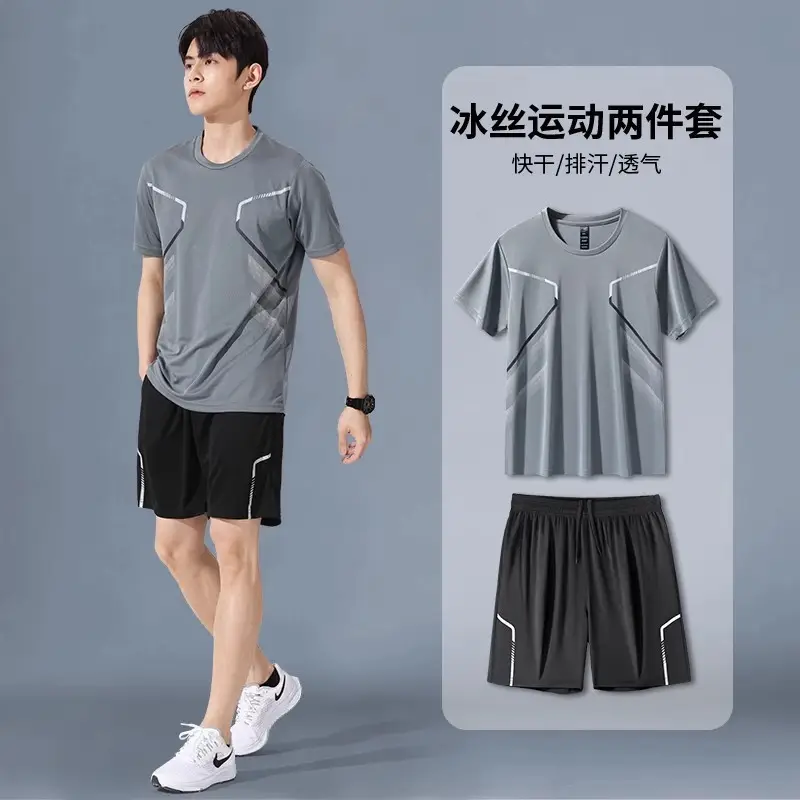 Cross-Border Sportswear Set for Men, Running Short-Sleeved Ice Silk Summer Quick-Drying Clothing, Basketball Clothing, Badminton Fitness Clothing, Shorts