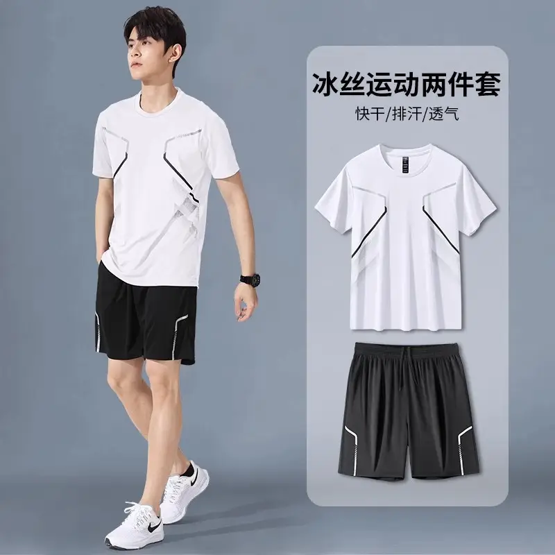 Cross-Border Sportswear Set for Men, Running Short-Sleeved Ice Silk Summer Quick-Drying Clothing, Basketball Clothing, Badminton Fitness Clothing, Shorts - Image 2