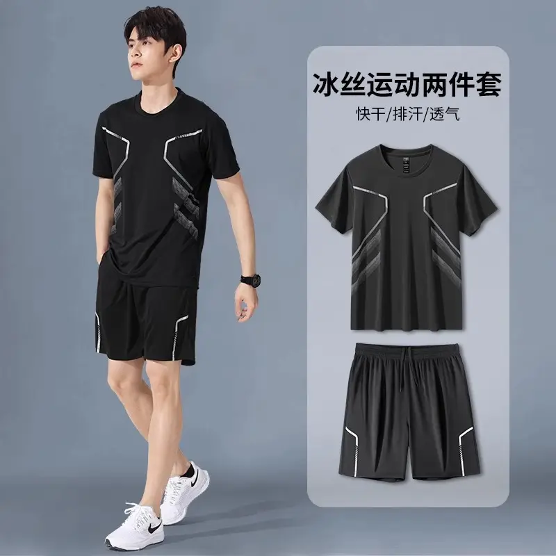Cross-Border Sportswear Set for Men, Running Short-Sleeved Ice Silk Summer Quick-Drying Clothing, Basketball Clothing, Badminton Fitness Clothing, Shorts - Image 3