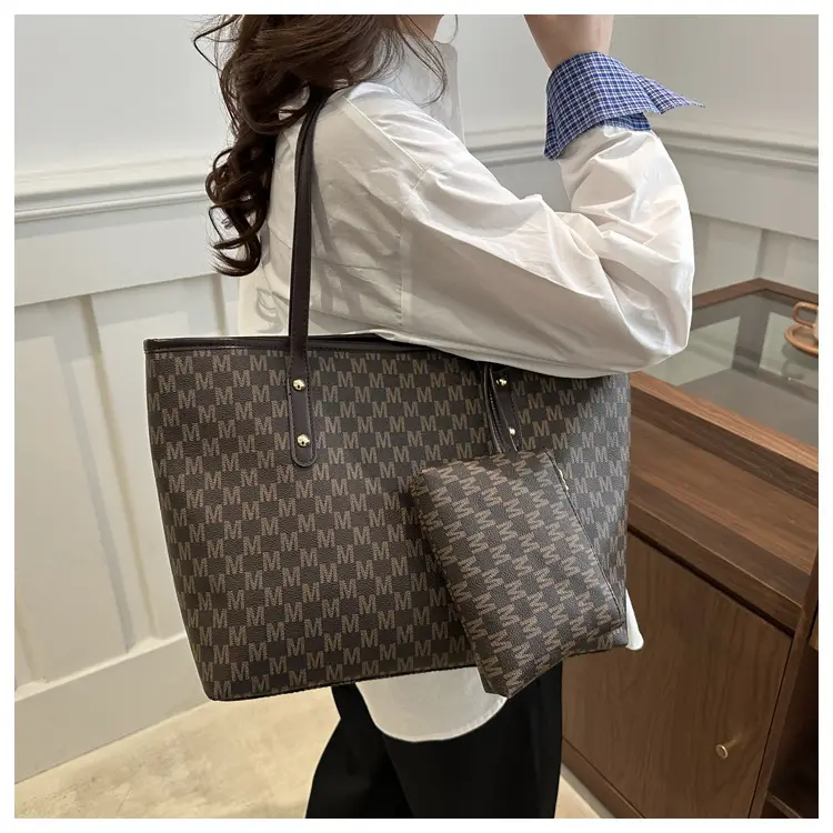 Women's 2-Piece Brown Checkered Tote & Wallet Set — feature 21