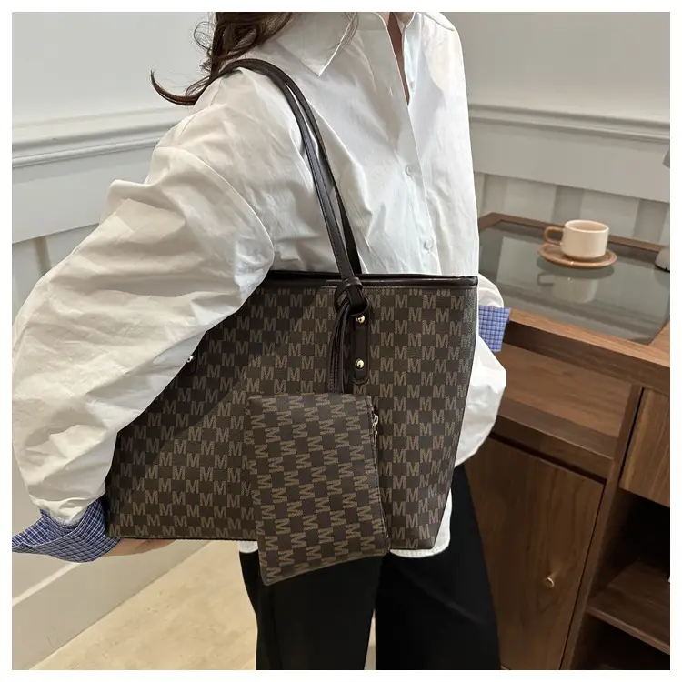 Women's 2-Piece Brown Checkered Tote & Wallet Set — feature 23
