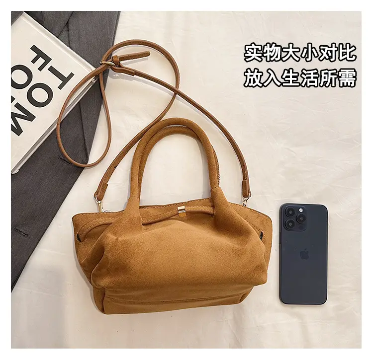 Women's Brown Suede Shoulder Bag Large Capacity Casual Handbag — feature 7
