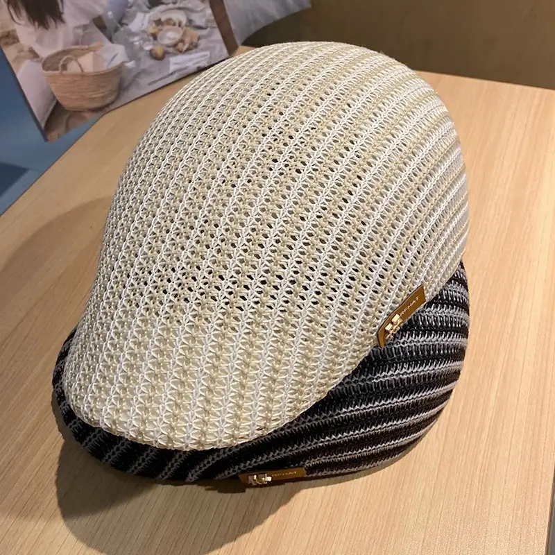 Women's Beige Straw Cap with Black Base - Image 5