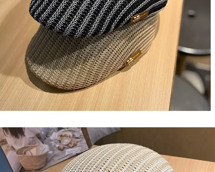 Women's Beige Straw Cap with Black Base — feature 5