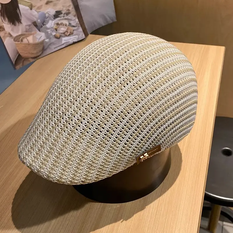 Women's Beige Straw Cap with Black Base - Image 3