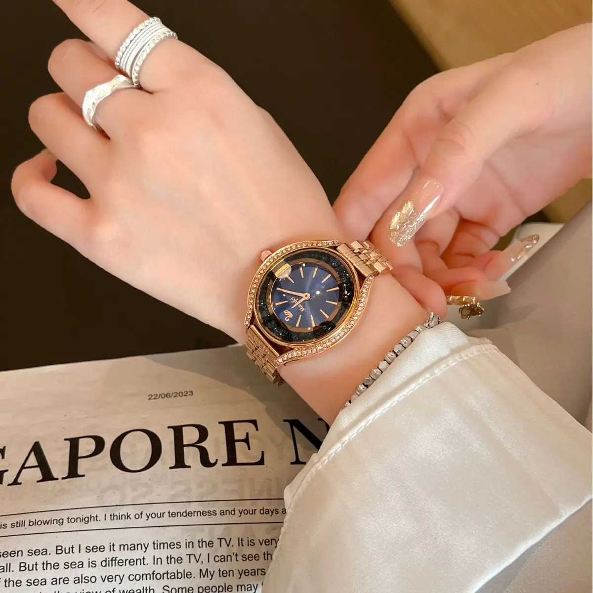 Women's Blue Diamond Watch with Gold Case & Sandpaper Strap - Image 3