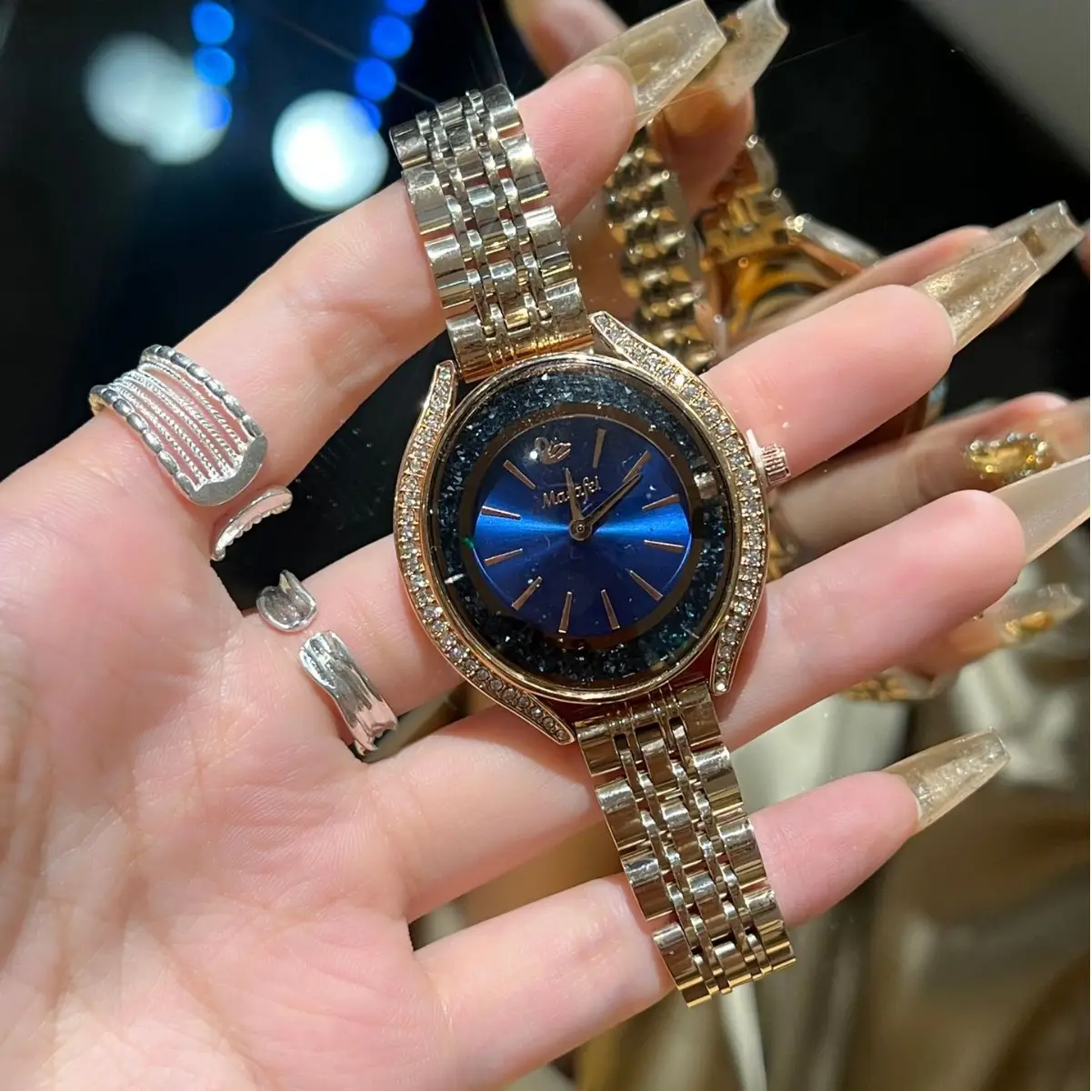 Women's Blue Diamond Watch with Gold Case & Sandpaper Strap - Image 5