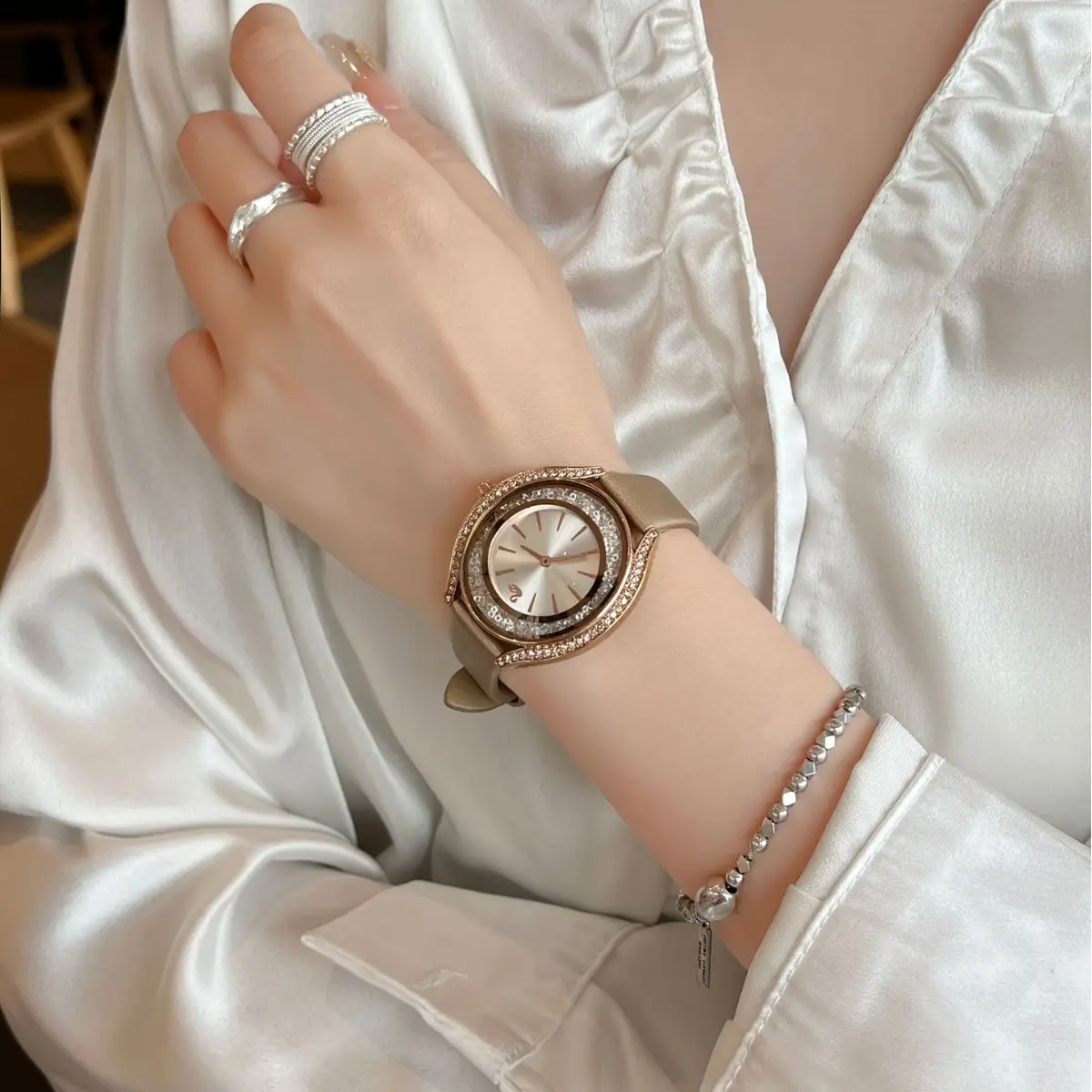 Women's Blue Diamond Watch with Gold Case & Sandpaper Strap - Image 6