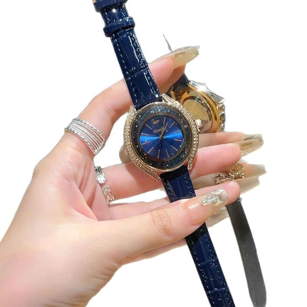 Women's Blue Diamond Watch with Gold Case & Sandpaper Strap - Image 7
