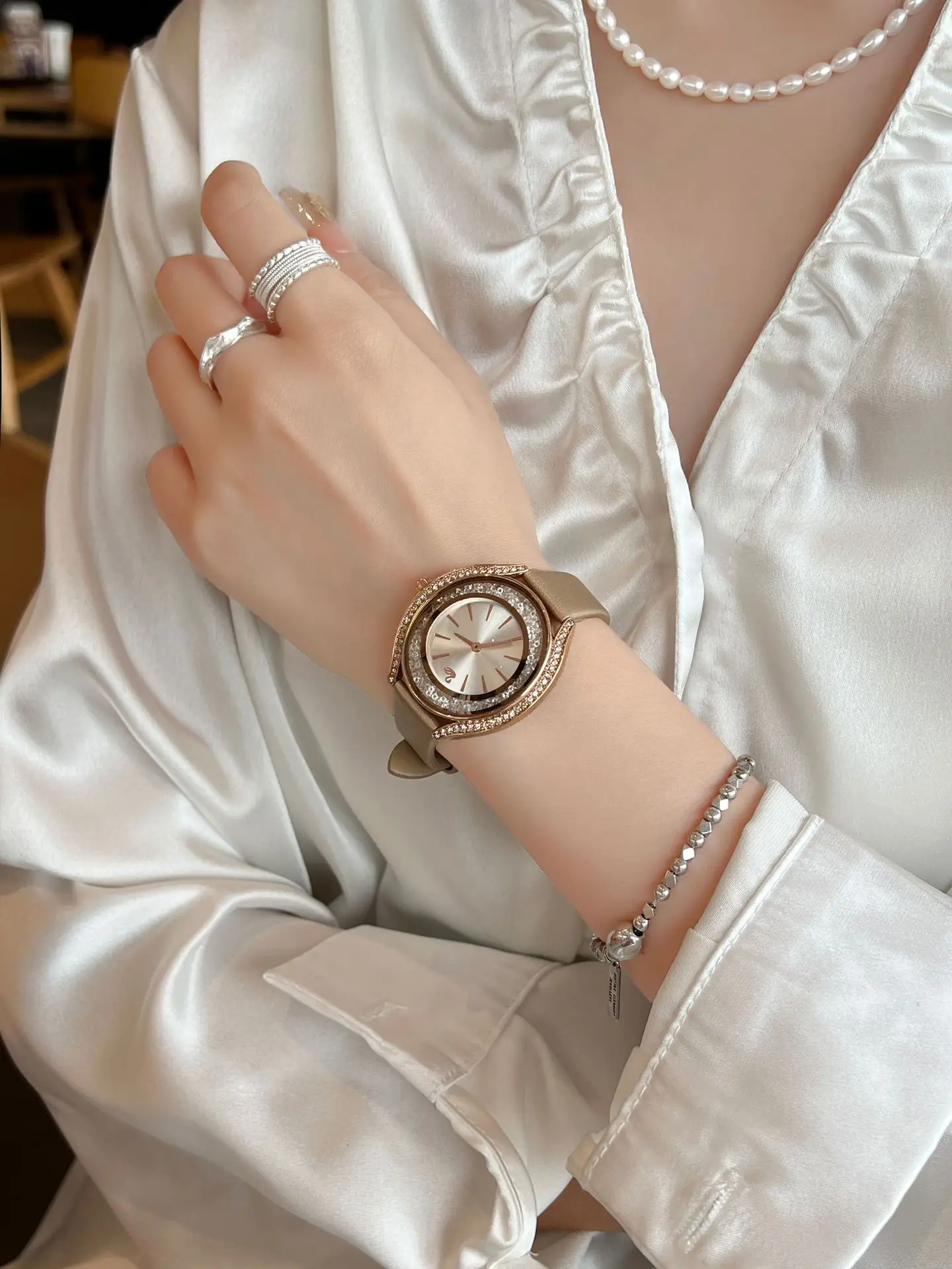Women's Blue Diamond Watch with Gold Case & Sandpaper Strap — feature 3