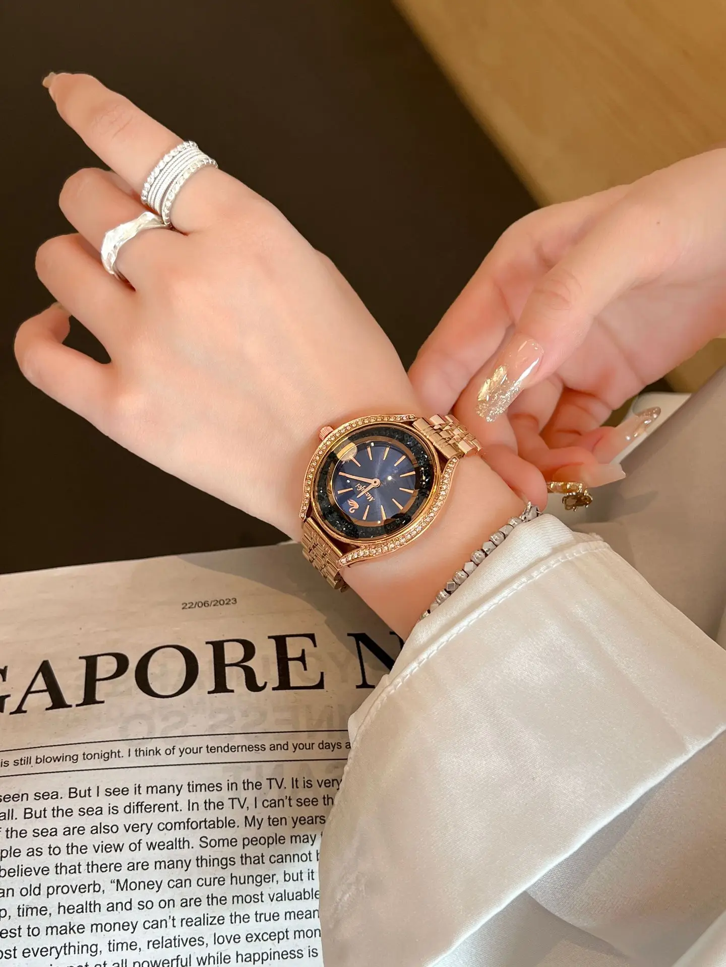Women's Blue Diamond Watch with Gold Case & Sandpaper Strap — feature 5