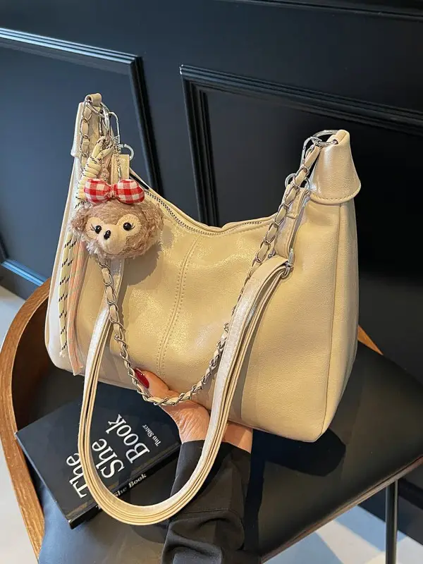 Women's Beige Chain Shoulder Bag with Doll Decor - Image 6