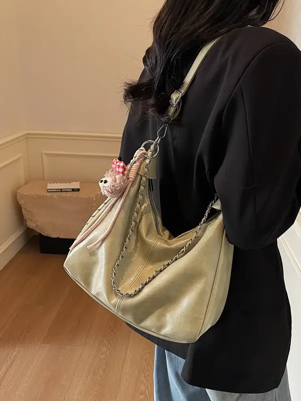 Women's Beige Chain Shoulder Bag with Doll Decor - Image 7