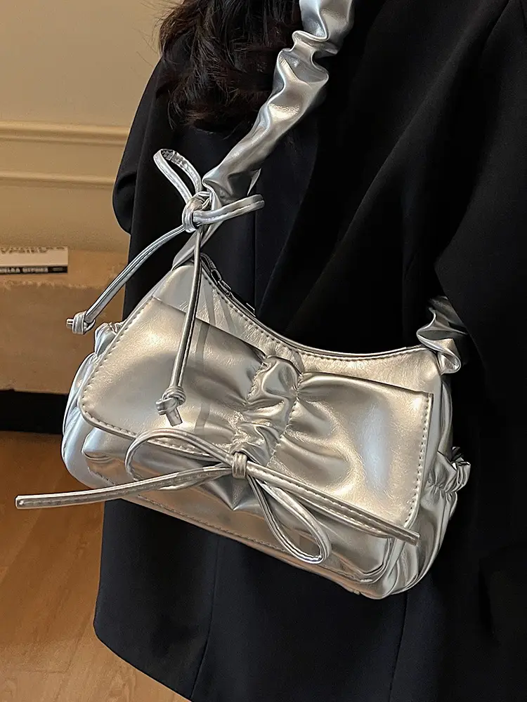 Silver Pleated Shoulder Crossbody Bag for Women - Image 7