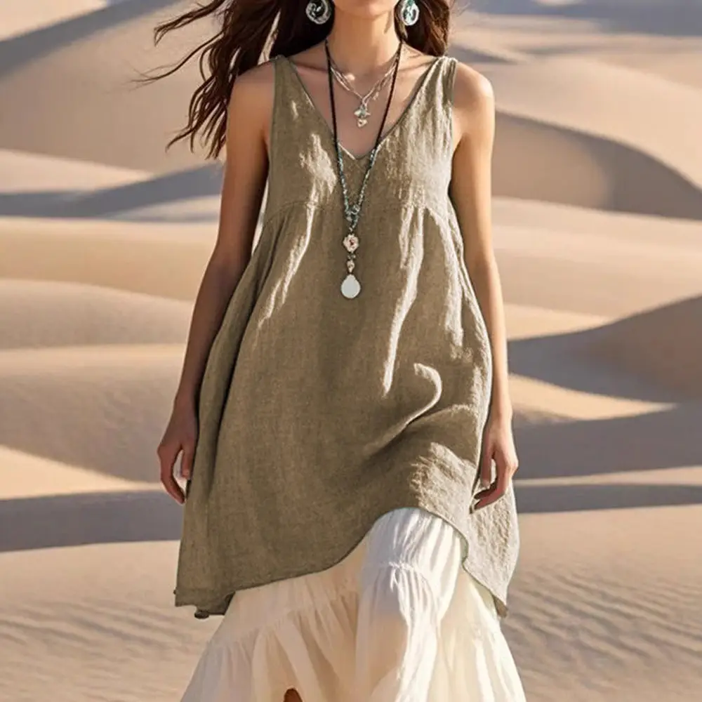 Women's V Neck Sleeveless Cotton Linen Beach Dress Grey - Image 6