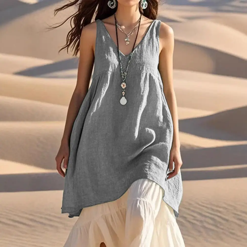 Women's V Neck Sleeveless Cotton Linen Beach Dress Grey - Image 7