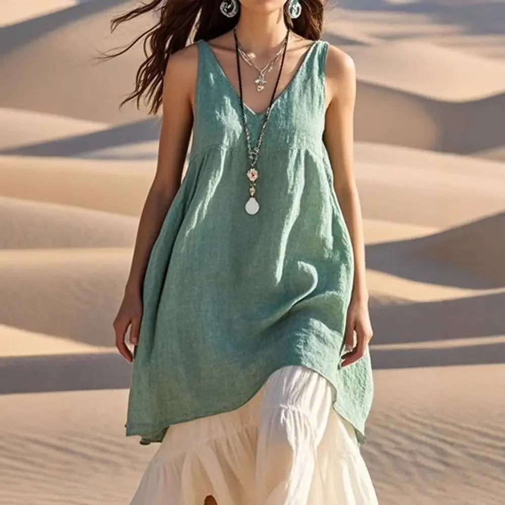 Women's V Neck Sleeveless Cotton Linen Beach Dress Grey - Image 8