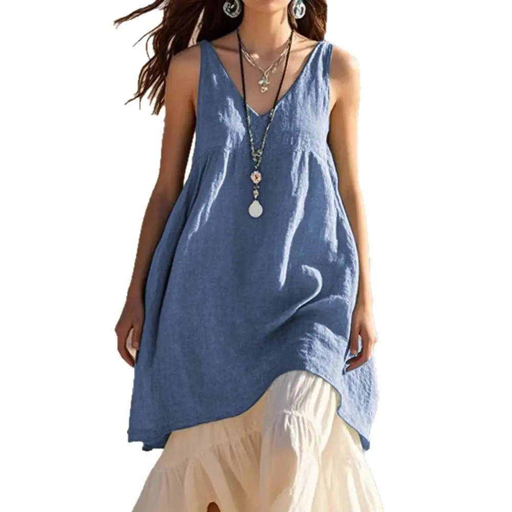 Women's V Neck Sleeveless Cotton Linen Beach Dress Grey - Image 9