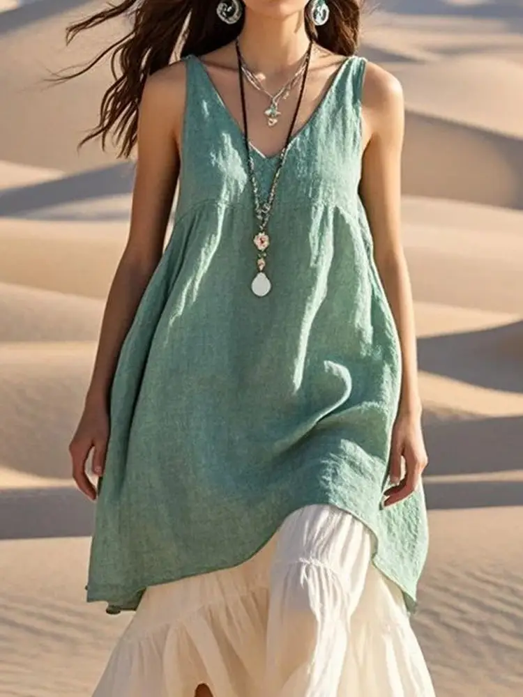 Women's V Neck Sleeveless Cotton Linen Beach Dress Grey — feature 29