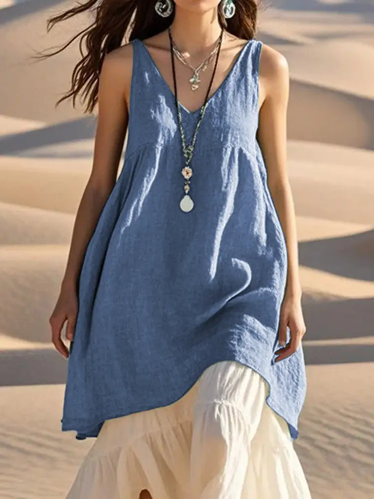 Women's V Neck Sleeveless Cotton Linen Beach Dress Grey — feature 30