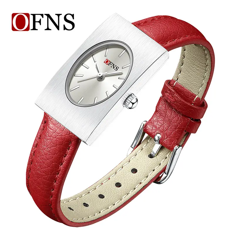 Women's Red Leather Quartz Watch with Silver Case