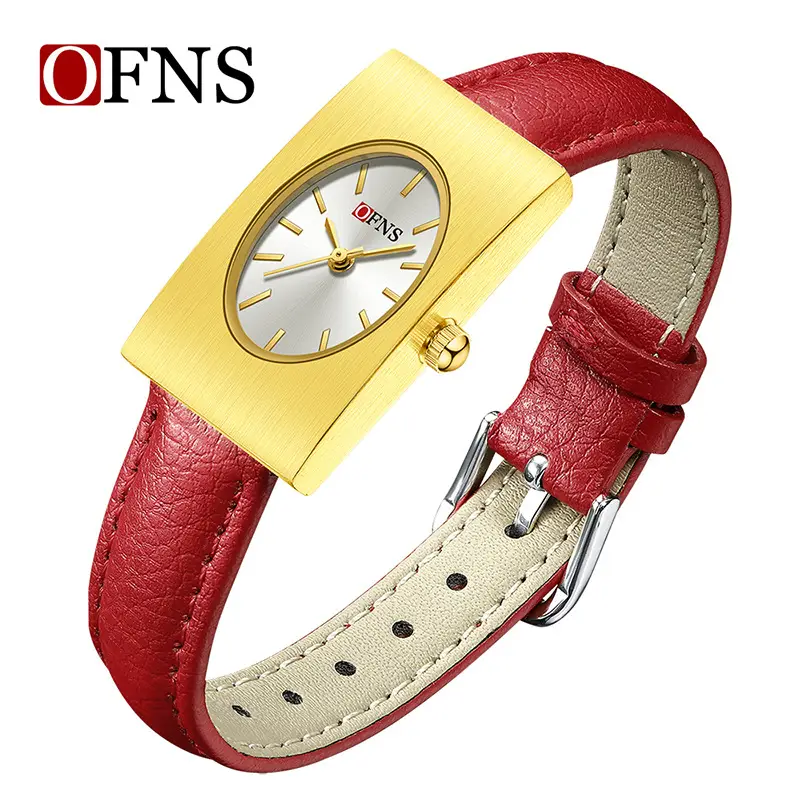 Women's Red Leather Quartz Watch with Silver Case