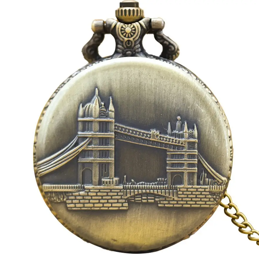 Vintage London Tower Bridge Pocket Watch with Chain Strap