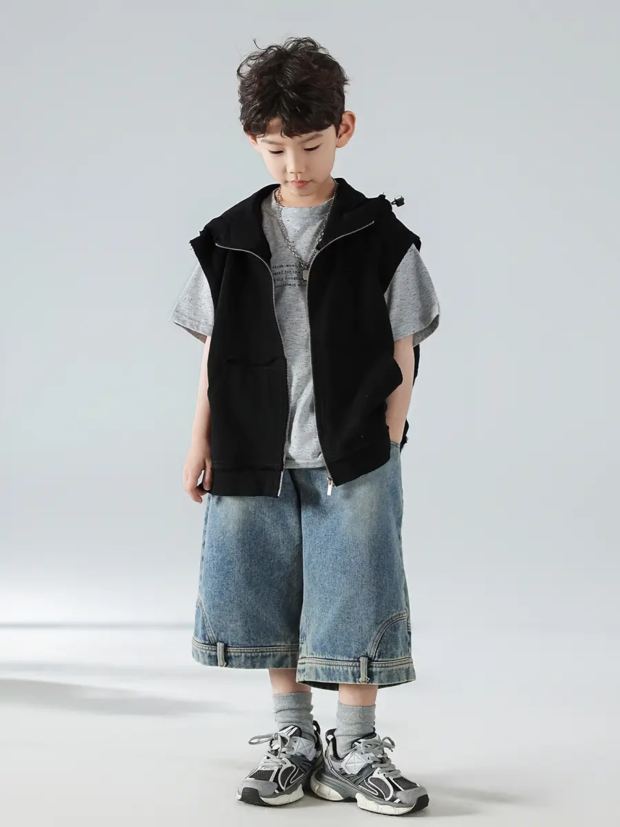 Boys Hooded Denim T-Shirt Grey 2025 - Image 6